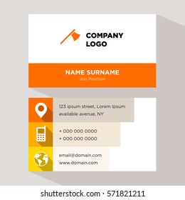 Template of personal card for construction equipment services company with orange metal ax vector with elements of yellow phone contacts, location, web icons