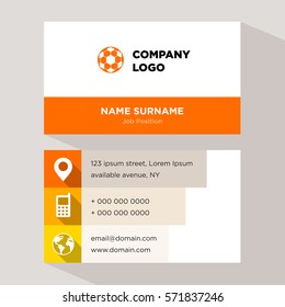 Template of personal card for equipment sale, sport club services company with orange football ball vector with elements of yellow phone contacts, location, web icons