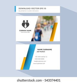 Template of personal card for family medical  service company's employee with blue heart with people vector on light blue background, design elements of orange shape