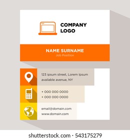 Template of personal card for internet services company with orange computer vector on gray background, elements of yellow phone and earth icons for contacts