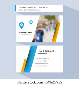Template of personal card for map service company's employee with blue direction from one point to another vector on light blue background, design elements of orange shape