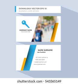 Template of personal card for master service company's employee with blue key vector on light blue background, design elements of orange shape