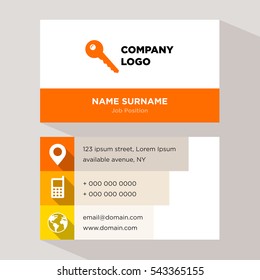 Template of personal card for master services company with orange key vector on gray background, elements of yellow phone and earth icons 