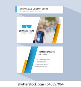 Template of personal card for medical optics service company's employee with blue glasses vector on light blue background, design elements of orange shape