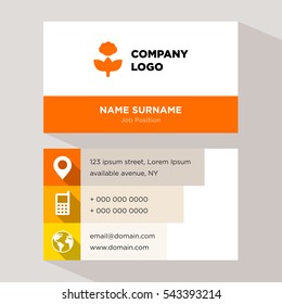 Template of personal card for natural cloth preparing company with orange camera vector on gray background, elements of yellow phone and earth icons for contacts