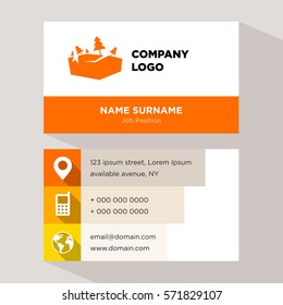 Template of personal card for nature saving company with orange ground landscape, landslide vector with elements of yellow phone contacts, location icons