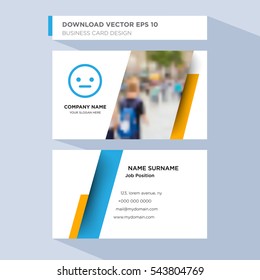 Template of personal card for networking service company's employee with blue unhappy smile vector on light blue background, design elements of orange shape