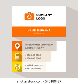 Template of personal card for photographer services company with orange camera vector on gray background, elements of yellow phone and earth icons for contacts