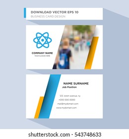 Template of personal card for scientific service company's employee with blue atom vector on light blue background, design elements of orange shape