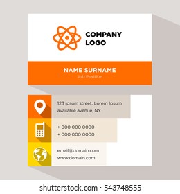 Template of personal card for scientific services company with orange atom vector on gray background, elements of yellow phone and earth icons for contacts