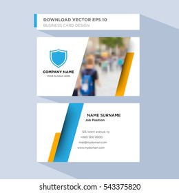 Template of personal card for security service company's employee with blue shield vector on light blue background, design elements of orange shape