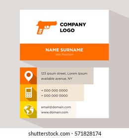 Template of personal card for security service company with orange pistol, gun vector with elements of yellow phone contacts, location icons