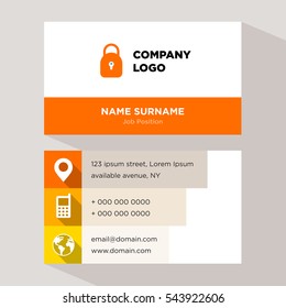 Template of personal card for security services company with orange lock vector on gray background, elements of yellow phone and earth icons for contacts