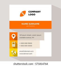 Template of personal card for sport coach services company with orange american football ball vector with elements of yellow phone contacts, location, web icons