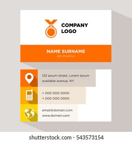 Template of personal card for sport shop with orange medal vector on gray background, elements of yellow phone and earth icons for contacts