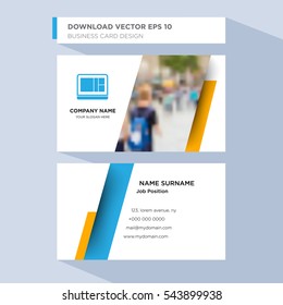 Template of personal card for technology service company's employee with blue laptop vector on light blue background, design elements of orange shape