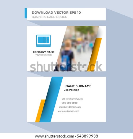 Template of personal card for technology service company's employee with blue laptop vector on light blue background, design elements of orange shape