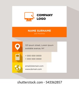 Template of personal card for technology services company with orange computer monitor vector on gray background, elements of yellow phone and earth icons for contacts