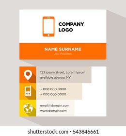 Template of personal card for technology services company with orange cell phone vector on gray background, elements of yellow phone and earth icons for contacts