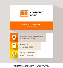Template of personal card for technology services company with orange laptop vector on gray background, elements of yellow phone and earth icons for contacts