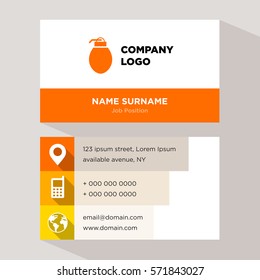 Template of personal card for weapon, gun production, army defence services company with orange grenade vector with elements of yellow phone contacts, location, web icons