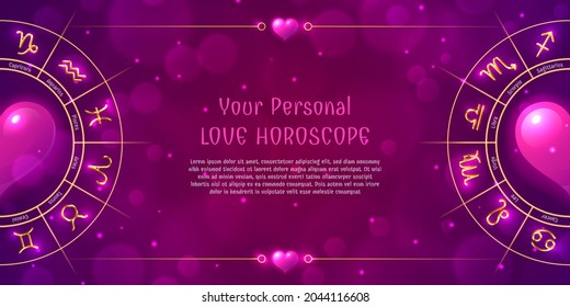 Template of personal love horoscope in pink color. Astrology prediction horizontal banner, card with glowing astrological symbols on dark pink background vector illustration