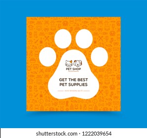 Template For Pet Shop, Veterinary Clinic, Pet Store, Zoo, Shelter. Card, Flyer, Poster For Advertisement. Flat Style Design, Vector Illustration. Seamless Pattern With Pet Supplies On Background.