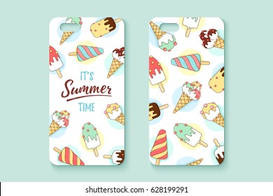 Template phone case with icecream and text Summer. Pattern with colorful icons ice-cream and popsicle in line graphic. Concept design for case and cover smartphone. Vector Illustration