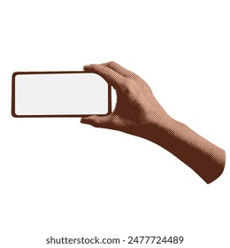 Template of phone in halftone collage hand. Hand holding phone with blank display isolated on white background. Vector illustration