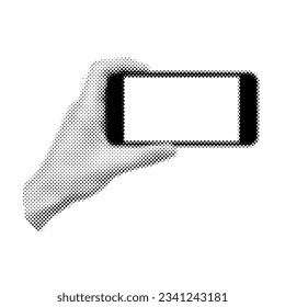 Template of phone in halftone hand. Hand holding phone with blank display isolated on checkered background. Vector illustration