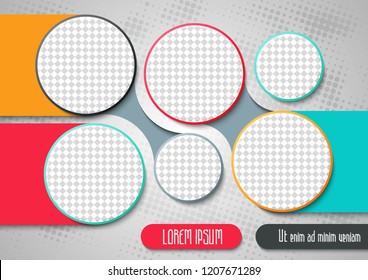 Template for photo collage or infographic in modern style. Frames for clipping masks is in the vector file. Template for a photo album with circle shapes frames