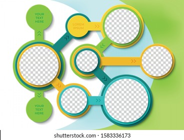 Template for photo collage or infographic in modern style. Frames for clipping masks are in the vector file. Template for a photo album with circle shapes frames