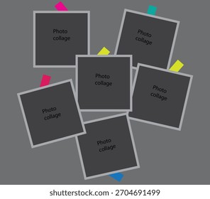 Una Plantilla para un diseño de collage de fotos con múltiples marcos de fotos rectangulares superpuestos dispuestos sobre un fondo gris, anclados con pines de colores. Diseñado como marcador de posición para insertar datos personales 