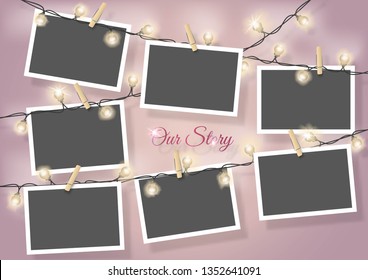 Template for photo collage.Garland from photos. Frames for clipping masks are in the vector file. Template for a photo album