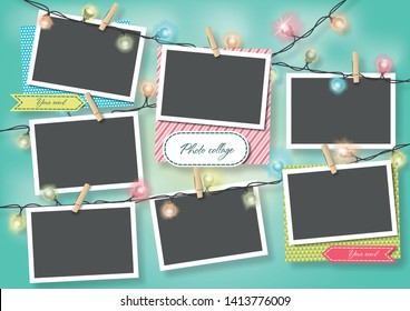 Template for photo collage.Garland from photos. Frames for clipping masks are in the vector file. Template for a photo album