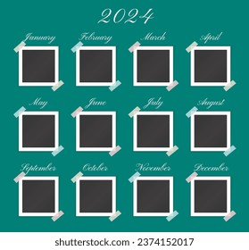 Template of photo frames for 2024 year. Mockup of blank pictures and images with stickers and months for album layout design, vector illustration