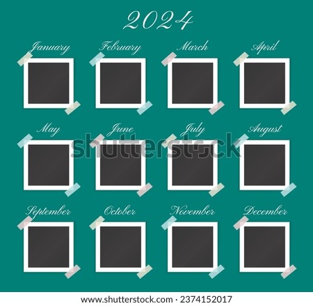 Template of photo frames for 2024 year. Mockup of blank pictures and images with stickers and months for album layout design, vector illustration