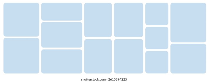 Template of photo montage. 14 Blue frames design composition for gallery for website with squares. Banner for bg design