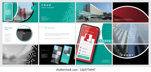 Template for photo presentation from the camera. Green, red. White background. Multipurpose template for slides, business. Brochure Postcard, cover, marketing, social advertisement, report, digital 