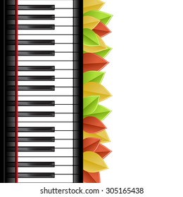 Template with piano keyboard and leaves on white background. Vector illustration.