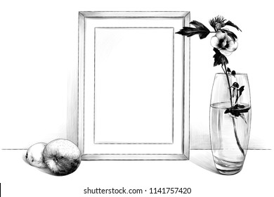 template picture in a frame sitting on the table, beside a glass vase with a flower and an Apple and a lemon, sketch vector graphics monochrome illustration on white background