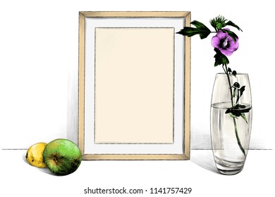 template picture in frame standing on the table next to a glass vase with a flower and with an Apple and lemon, sketch vector graphics color illustration on white background