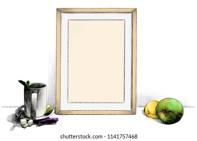 template picture in a frame standing on the table next to a Cup of tea on a saucer with a teaspoon of lime and sugar pieces and with Apple and lemon, sketch vector graphics color illustration