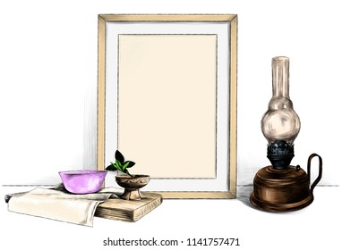 template picture in a frame standing on the table next to a kerosene lamp and a wooden stand with a napkin on which stands a saucer and a wooden Cup, sketch vector graphics color illustration
