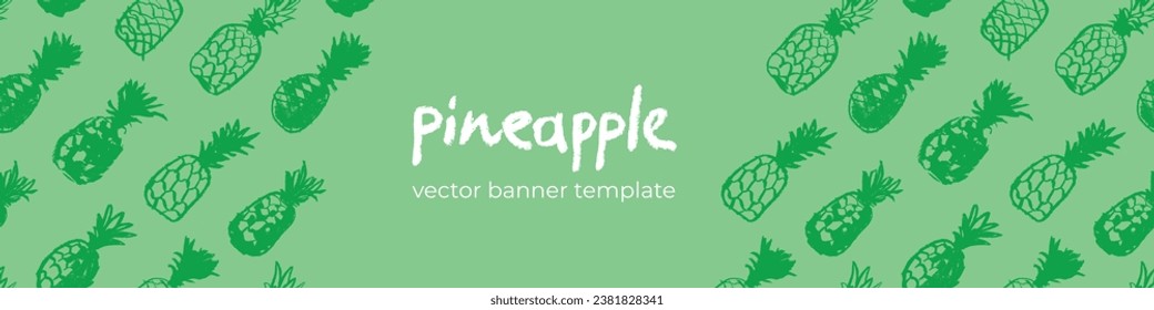 Template pineapple banner, pattern seamless, pineapples illustration, hand-drawn vector exotic fruit for vegan banner, juice or jam label design. Ripe ananas background for baby food packaging.