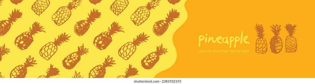 Template pineapple banner, pattern seamless, pineapples illustration, hand-drawn vector exotic fruit for vegan banner, juice or jam label design. Ripe ananas background for baby food packaging.