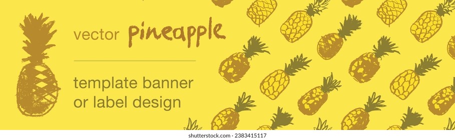 Template pineapple banner, pattern seamless, pineapples illustration, hand drawn vector exotic fruit for vegan banner, juice or jam label design. Natural ananas background for healthy food packaging.