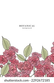 Template with pink damask roses on white background. Pattern with wild roses and leaves. Frame design with floral elements for banner, poster, placard, flyer, cover. Flower border