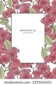 Template with pink damask roses on white background. Pattern with wild roses and leaves. Frame design with floral elements for banner, poster, placard, flyer, cover. Flower border