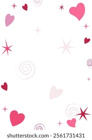 Template with pink hearts and stars on a white background A4. Copy space. Vector illustration for poster, celebration card, print.